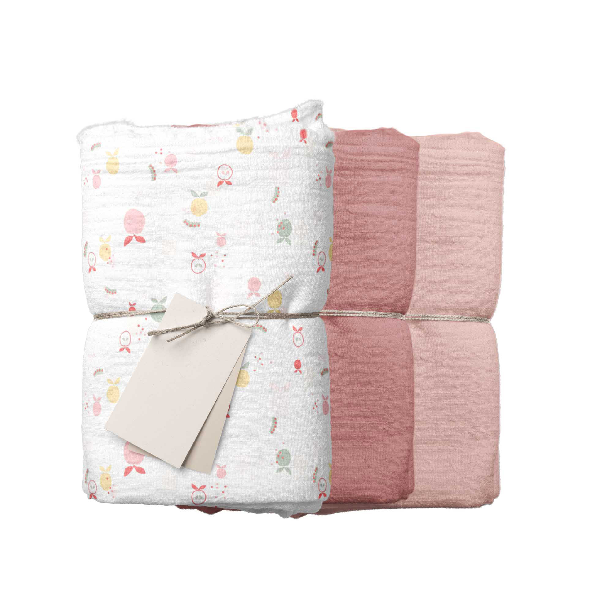 Swaddle Small in mussola di cotone organico SET 3 pezzi fantasia mele + rosa + talco