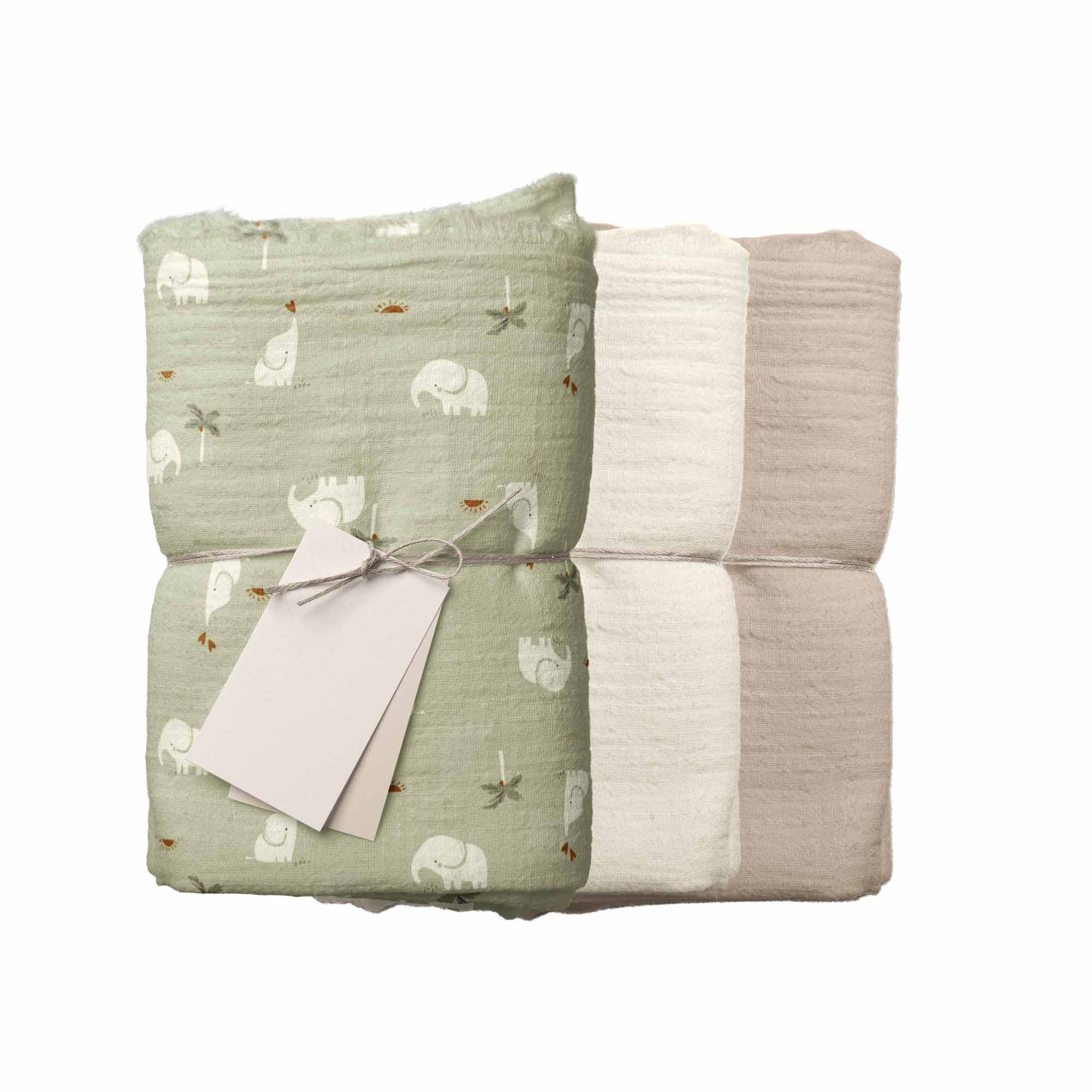 Swaddle Small in mussola di cotone organico SET 3 pezzi fantasia elefanti + latte + sandalo