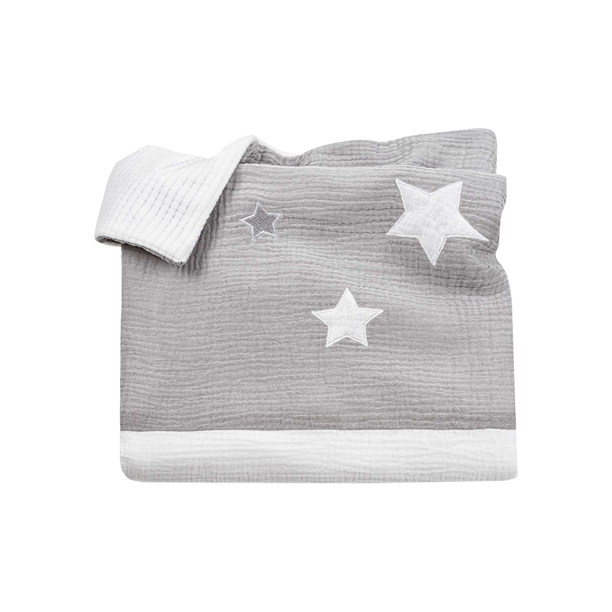 Copertina in mussola e micropile per culla, carrozzina e co-sleeping Star - Grigio